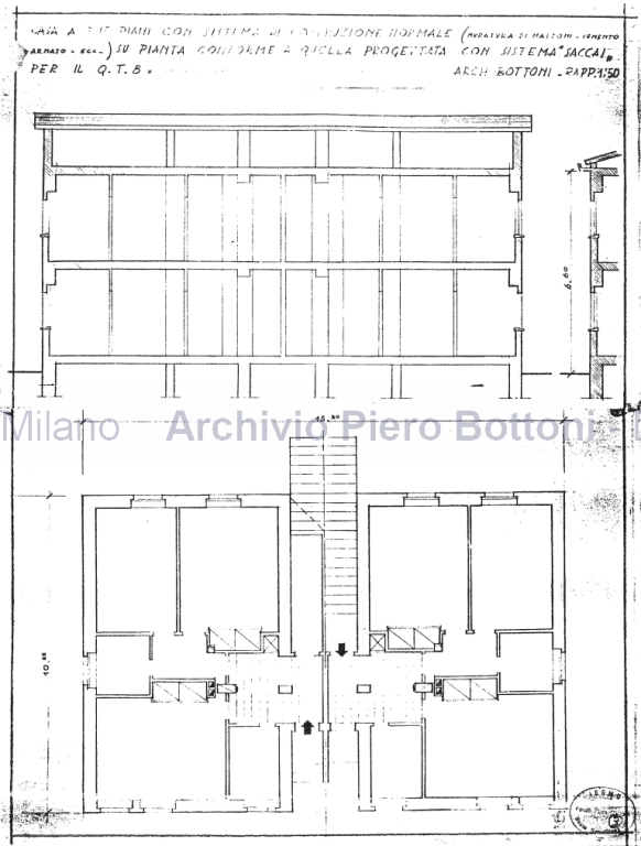 Casa a due piani con sistema di costruzione normale [..] sistema Saccai per il QT8, pianta e sezioni. Scala 1:50, s.d. Matita su lucido