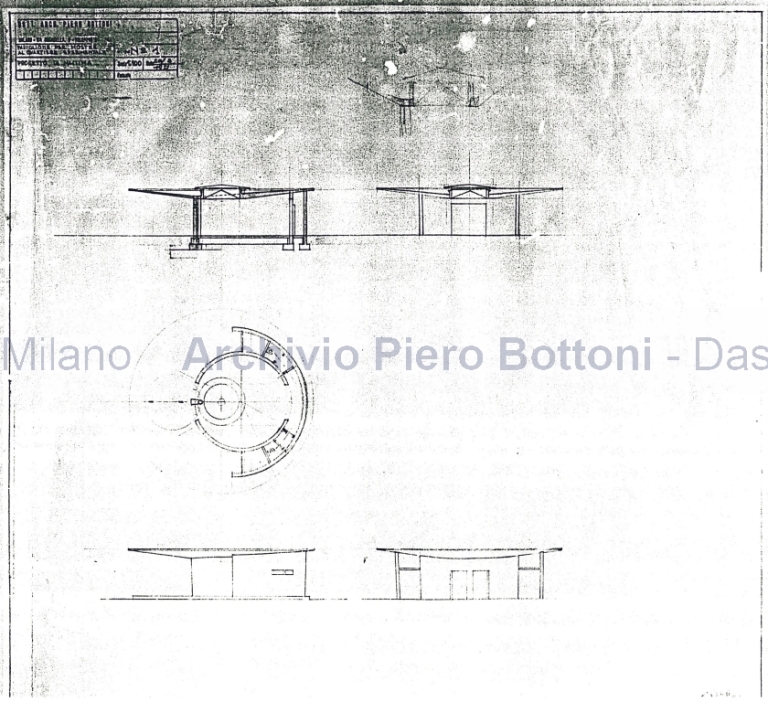 Progetto di massima, dis. 1, pianta, sezione e prospetti. Scala 1:100, 20 febbraio 1951. Matita su lucido