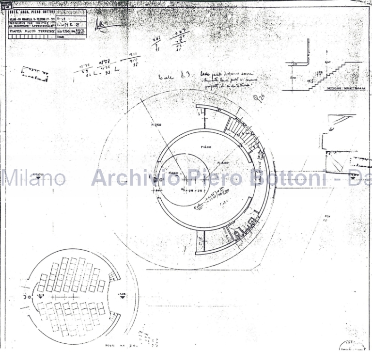 Dis. 2, pianta p.t., sez. della scala. Scala 1:50, 20 febbraio 195. Matita e matita rossa su eliografia su carta, firmata Bottoni