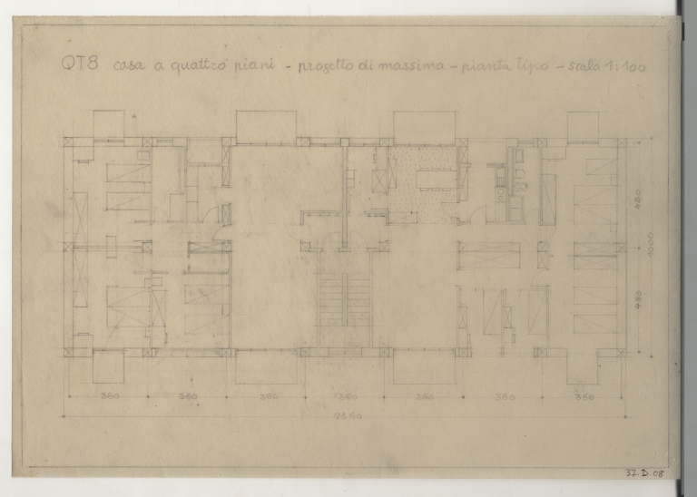 Pianta piano tipo. Scala 1:100, s.d. Matita su carta da lucido