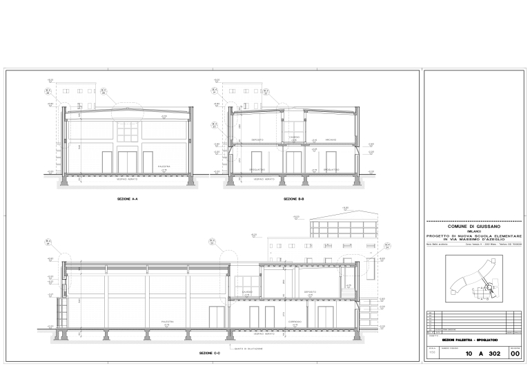 Sezioni palestra e spogliatoio. Scala 1:50, 15-03-1992. Disegno tecnico digitale. © Mario Bellini Archive