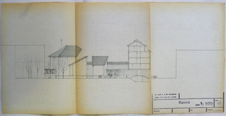 Prospetto laterale della chiesa di San Gabriele. Scala 1:200, s.d. Copia eliografica piegata