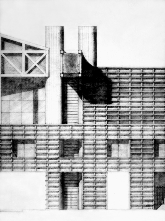 Particolare del prospetto dell'edificio PL3. Disegno tecnico