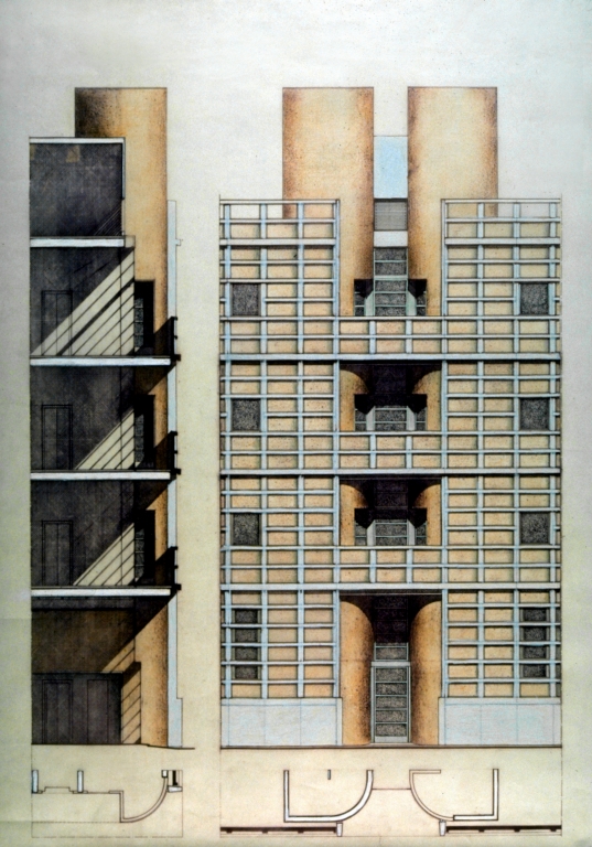 Prospetto e sezione di una delle torri-scale-ascensori. Disegno tecnico