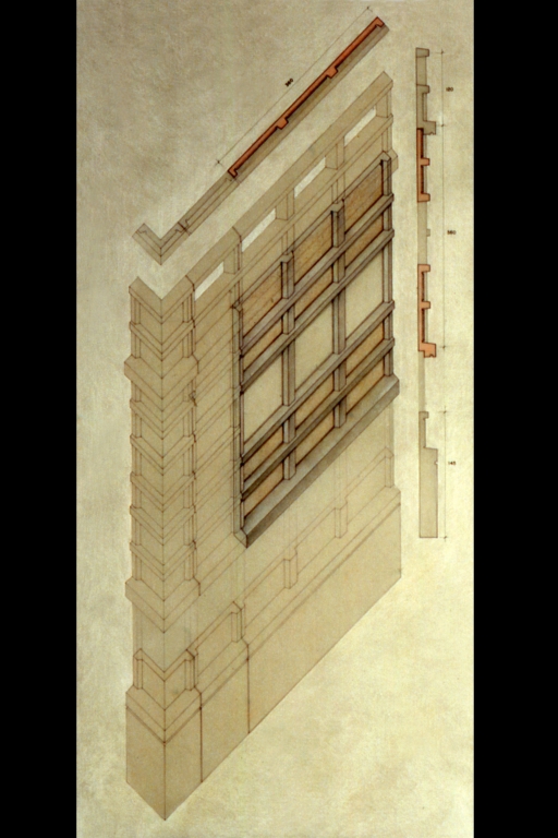 Assonometria, pianta e sezione della pannellatura di tamponamento delle facciate. Disegno tecnico