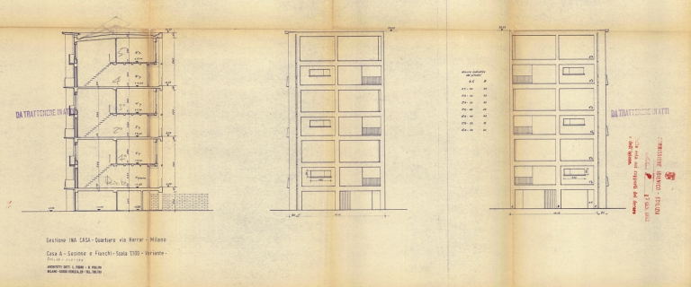 Sezione e prospetti laterali. Scala 1:100, 1952