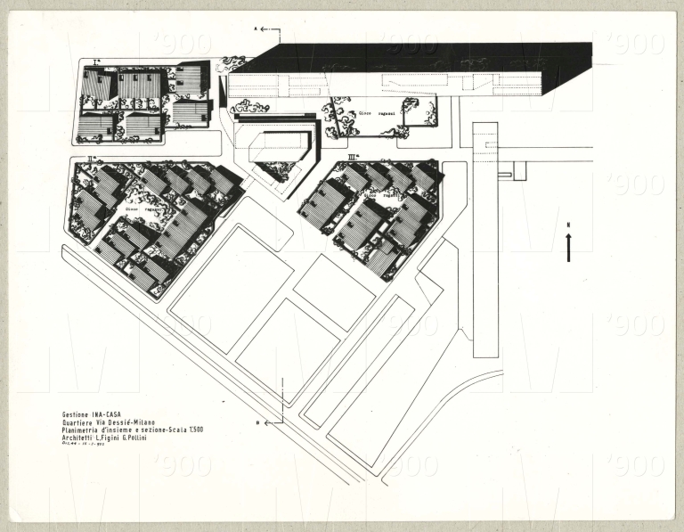 Planimetria d'insieme e sezione. Scala 1:500, 1952