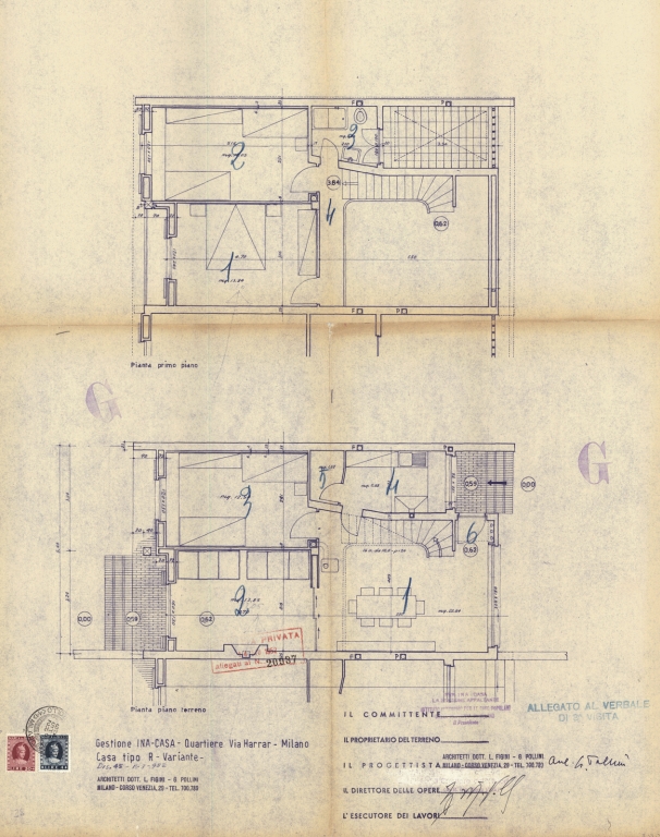 Casa tipo R, piante. Scala 1:100, 15 marzo 1952