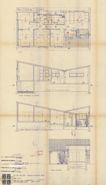 Casa tipo S, pianta e sezioni. Scala 1:100, 1952