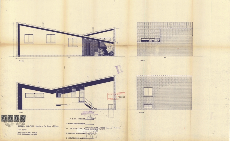 Casa tipo S, prospetti. Scala 1:100, 1952