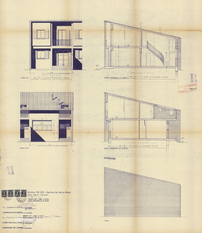 Casa tipo R, prospetti e sezioni. Scala 1:100, 1 marzo 1952