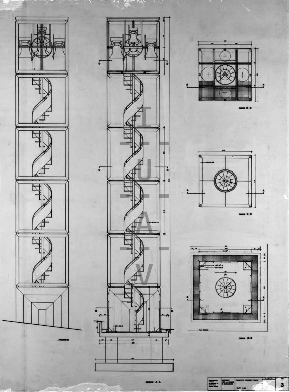 Campanile, piante, prospetto e sezione