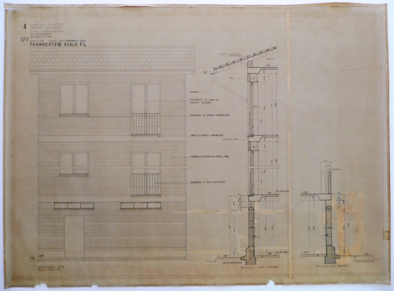Fabbricato n.12: prospetto e sezione scala FL, tav. 4. Scala 1:20, luglio 1958 - gennaio 1959. Radex