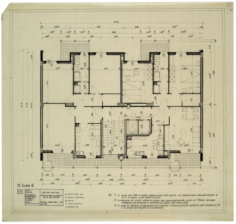Fabbricato n.15, scala B, pianta piano tipo. Scala 1:50
