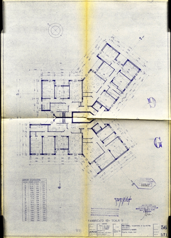 Fabbricato n.12, scala U, pianta piano tipo. Scala 1:100. Giancarlo De Carlo