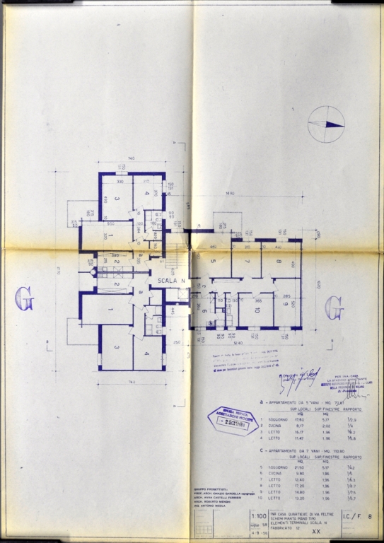 Fabbricato n.12, scala N, pianta piano tipo. Scala 1:100. Ignazio Gardella