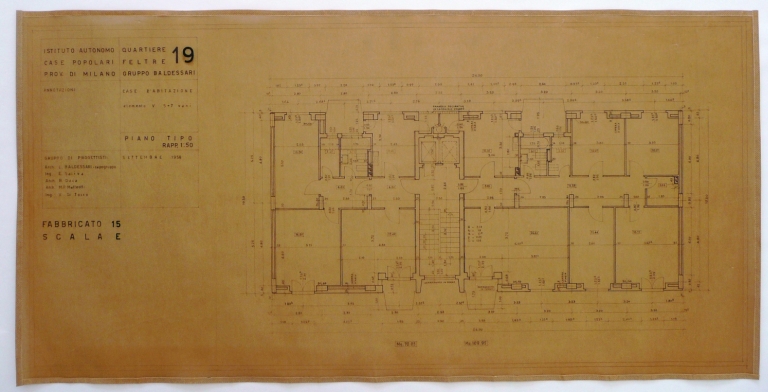 Fabbricato n.15: pianta piano tipo, tav. 19. Scala 1:50, settembre 1958. Radex