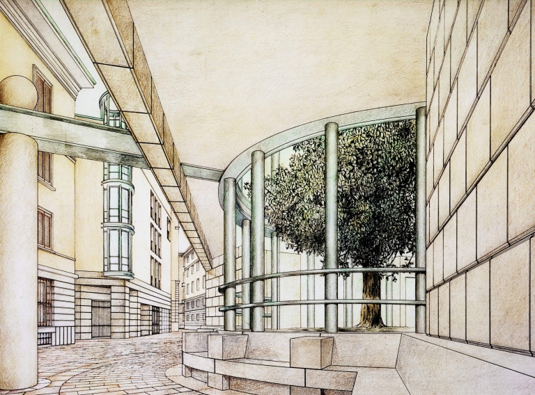 Vista prospettica dello spazio urbano tra gli edifici A e B. Disegno tecnico