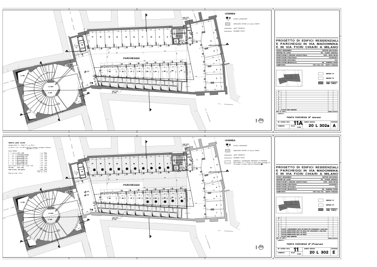 Edifici A e B. Pianta parcheggi (secondo, terzo e quarto interrato). Scala 1:100. 10-6-1991 e agg. fino a 10-02-1997. Disegno tecnico digitale