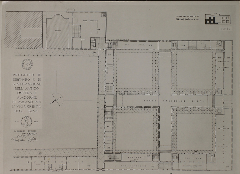 Pianta del primo piano. Progetto di sistemazione. Scala 1:200, 7 dicembre 1945