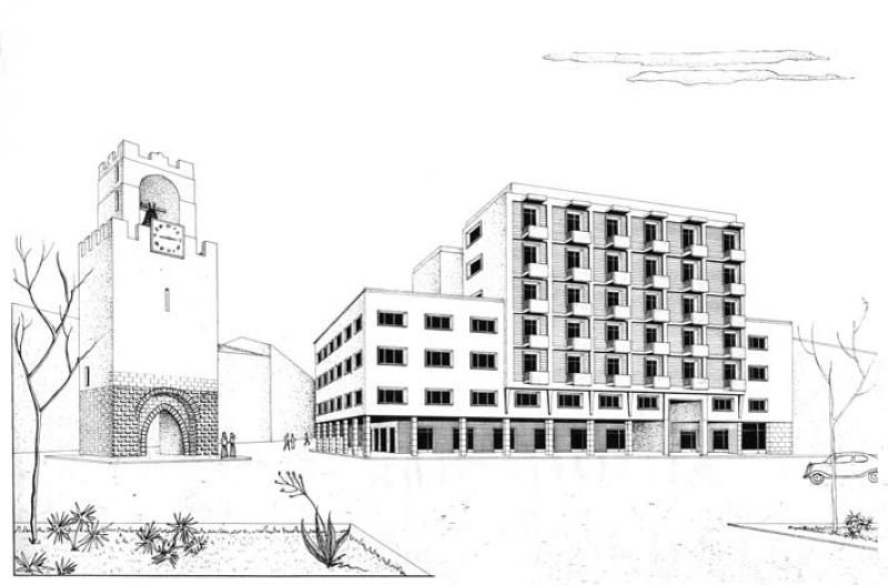 Prospettiva del progetto del palazzo e della torre