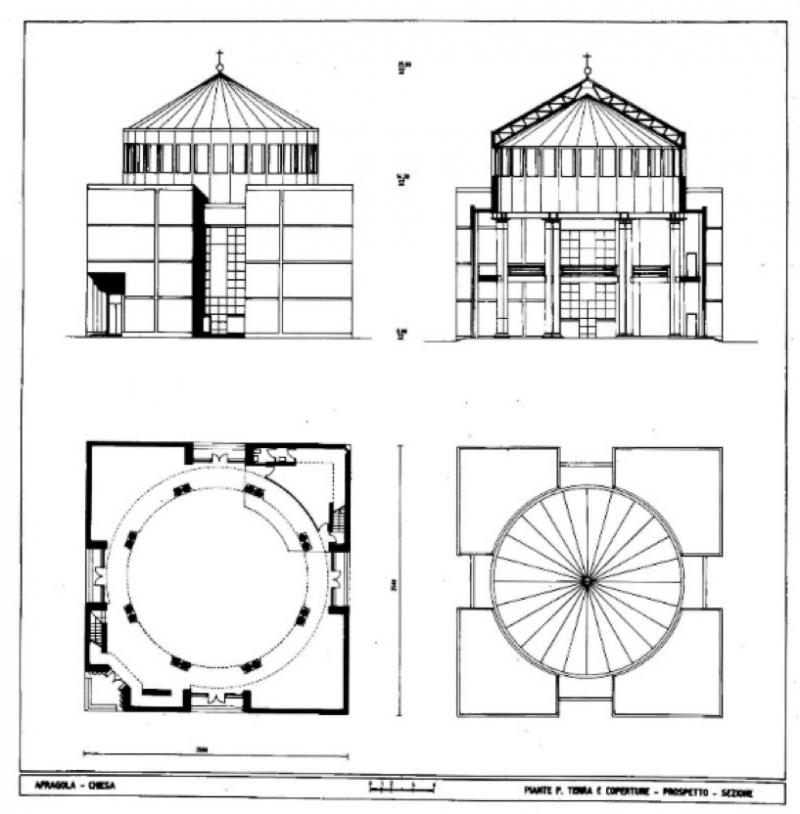 Chiesa di Afragola, prospetto, sezioni, pianta 