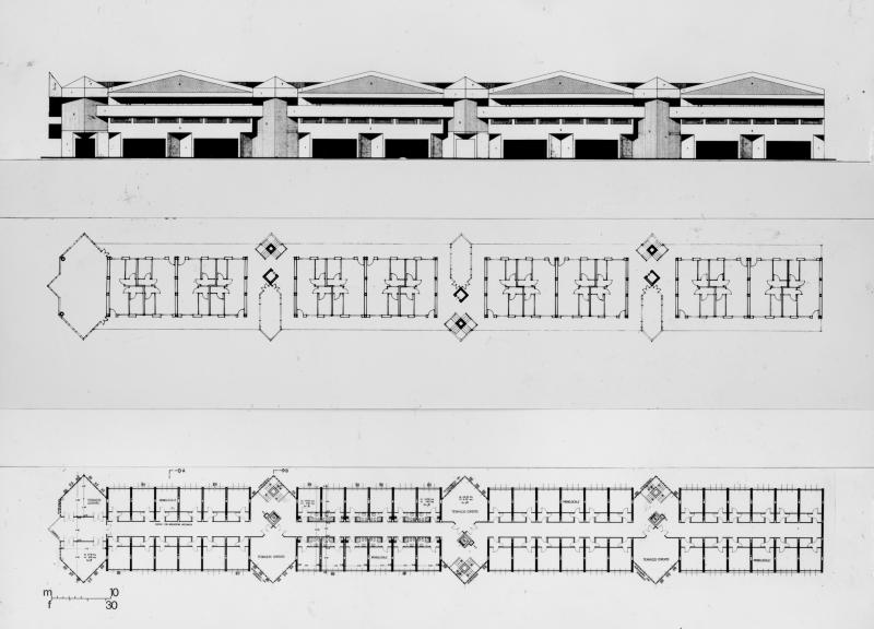 7. Corpo basso. Prospetto del fronte ovest e piante piani primo e secondo