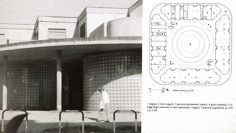 30. Centro commerciale al villaggio Incis di Pieve Emanuele, 1970-non completato. Vista ovest e pianta piano terreno