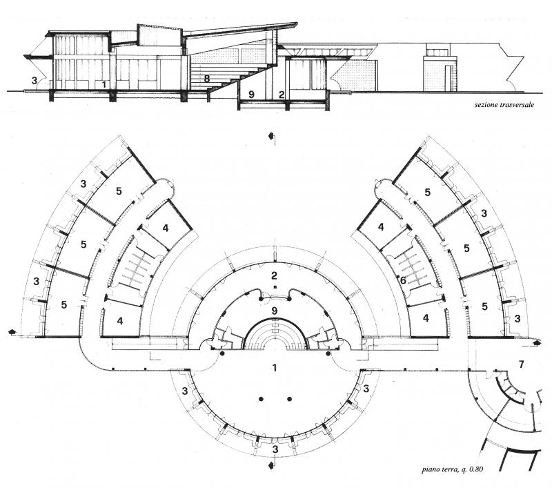 23. Scuola materna “Don Zeno Santini” al villaggio Incis di Pieve Emanuele, 1969-74. Pianta piano terreno e sezione trasversale