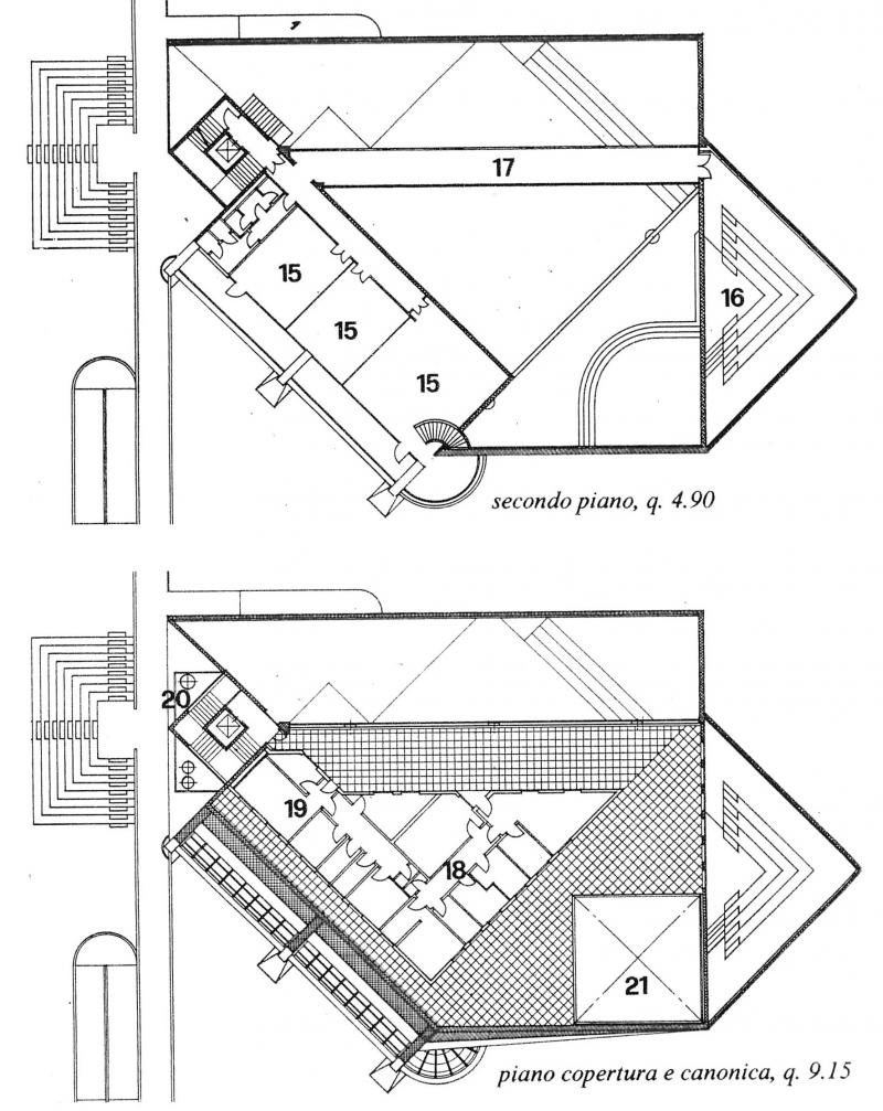 37. Centro parrocchiale. Piante piano primo e piano copertura e canonica 15. Oratorio; 16. Catechesi; 17. Trave ponte; 18.Alloggio del parroco; 16. Alloggio del coadiutore; 20. Celle campanarie; 21. Lucernario sull’altare