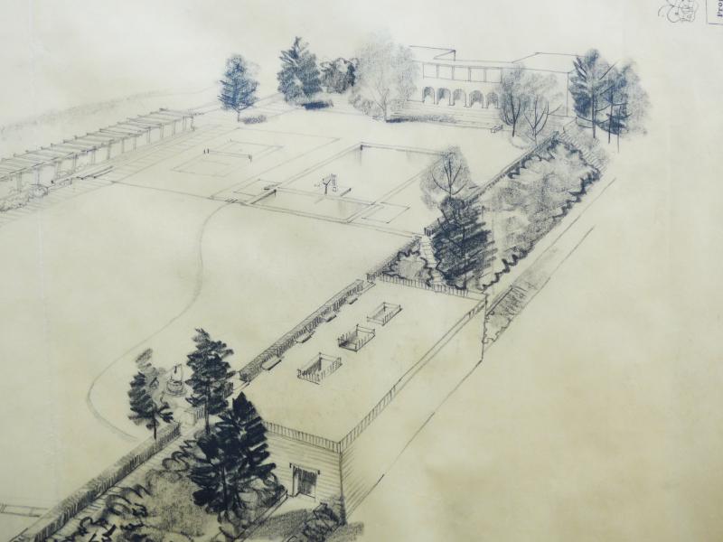 Schizzo prospettico del giardino verso il padiglione degli artisti. 
