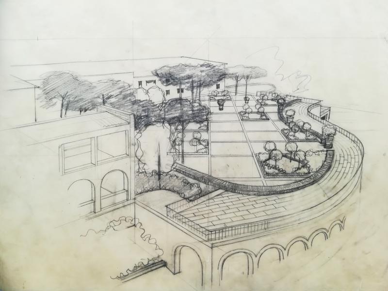 Schizzo prospettico del giardino formale.