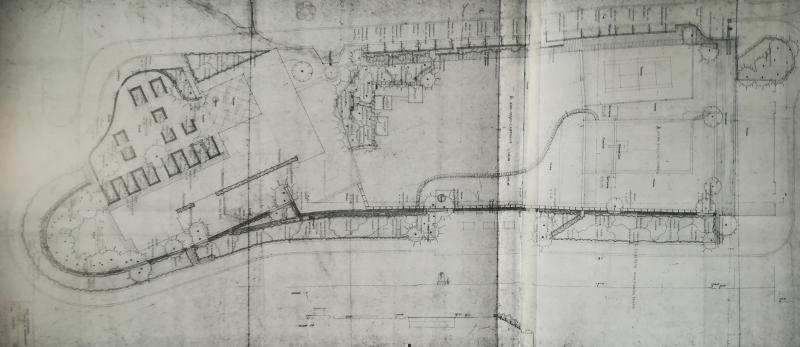 Tenuta di Monterosso, Giardino, 9 agosto 1955, scala 1:200, dis. 03297, Planimetria di progetto per allestimento giardini di Villa Ottolenghi, prima proposta. 
