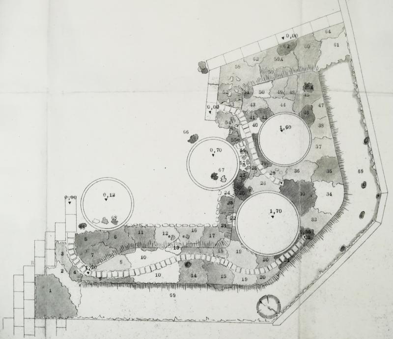 Giardino roccioso, schema delle piantagioni per gruppi, progetto del 1956. 