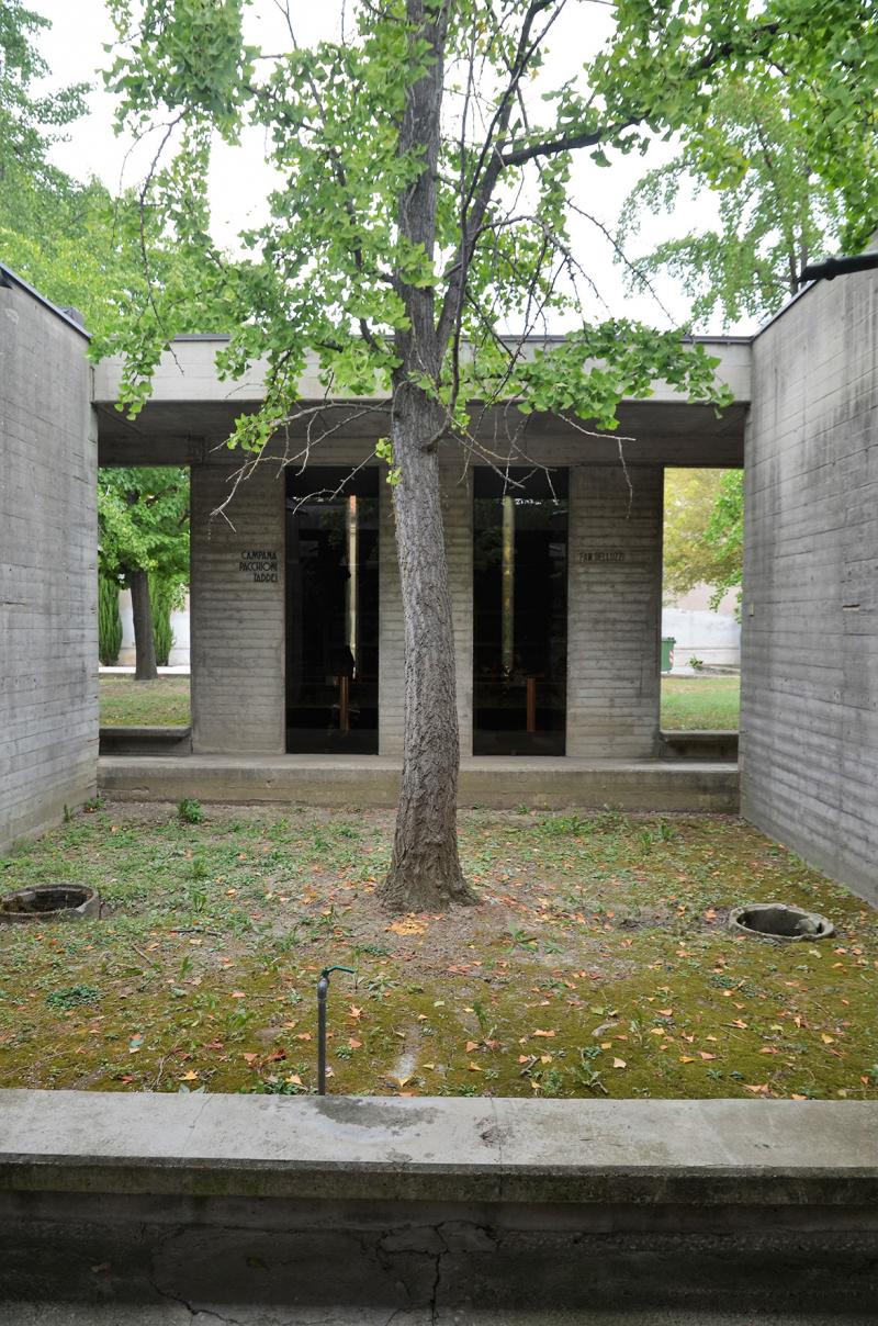 Dettaglio di un “vuoto” con un Gingko Biloba, sullo sfondo una tomba di famiglia