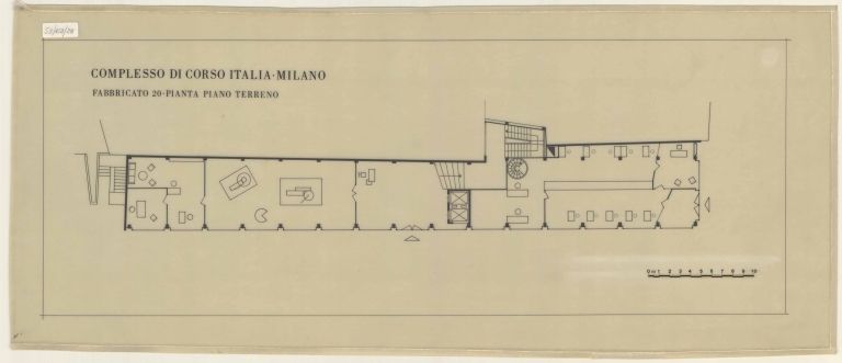 Pianta piano terra (fabbricato 20). Scala metrica, s.d. Inchiostro di china su carta da lucido
