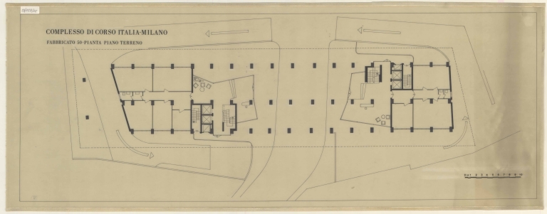 Pianta piano terra (fabbricato 50). Scala metrica, s.d. Inchiostro di china su carta da lucido