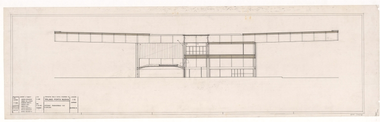 Sezione trasversale sui giardini. Scala 1:100, 7-10-1960. Inchiostro di china su carta da lucido