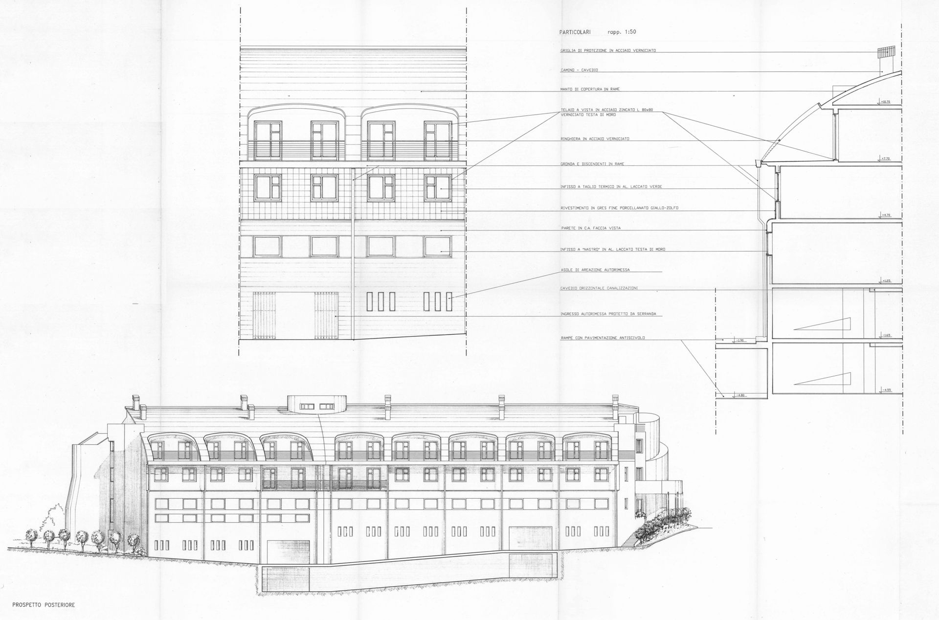 prospetto posteriore e dettaglio costruttivi