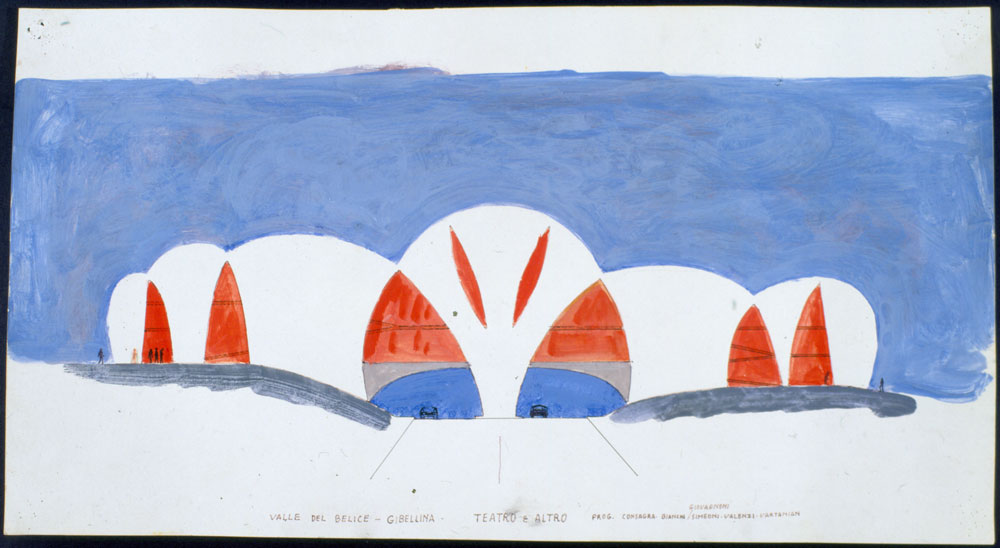 Progetto definitivo per il Teatro di Gibellina (Una immagine), 1982, Inchiostro e tempera su cartoncino, 29,5 x 55 cm © Archivio Pietro Consagra Milano by SIAE 2024