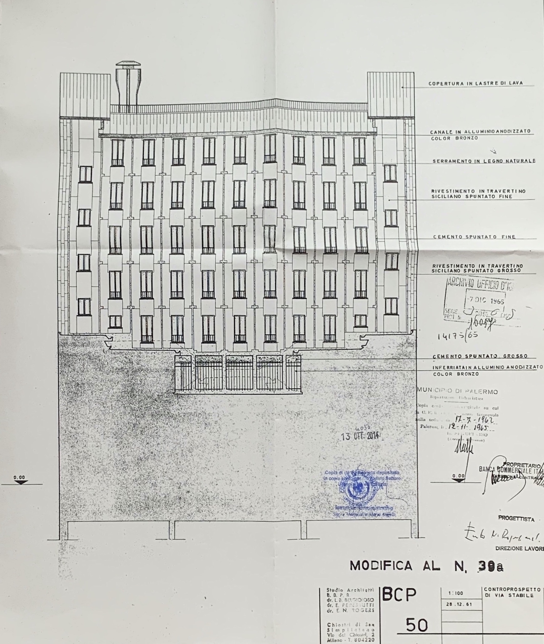 Prospetto su via Mariano Stabile con legenda relativa ai materiali di rivestimento impiegati, 29 dicembre 1961, scala 1:100 
