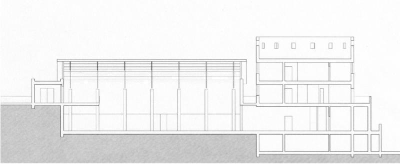 Sezione longitudinale sulla Torre dei Servizi e sul Laboratorio Teatrale
