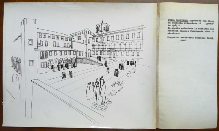 Vista prospettica della facciata, I soluzione (ricostruzione facciata Bianconi, gennaio 1963). Stampa fotografica b/n. 